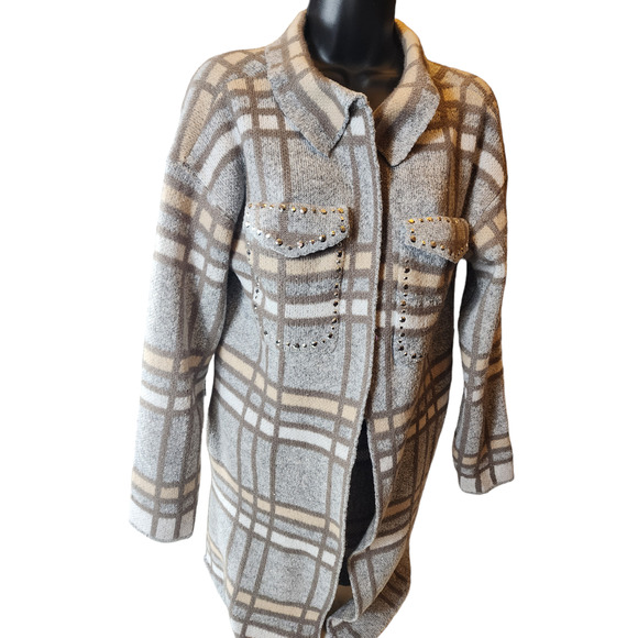 Madison Plaid Knit Cardigan Sweater Womens Large Open Front Layering Rhinestone - Picture 9 of 14
